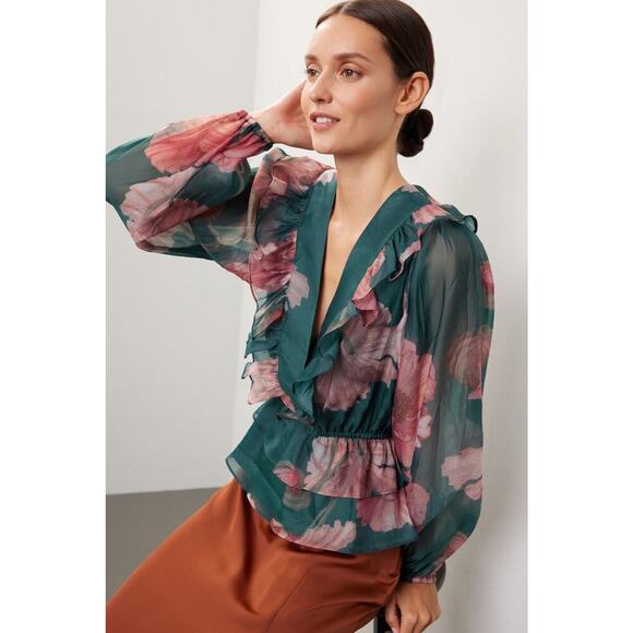 HUTCH Green Floral Chiffon Long Sleeves V-Neck Ruffle Trimmed Sema Top Size S - Picture 2 of 12